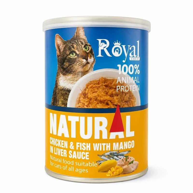 کنسرو نچرال گربه Royal COCO با طعم مرغ و ماهی در سس انبه وزن ۳۸۰ گرم